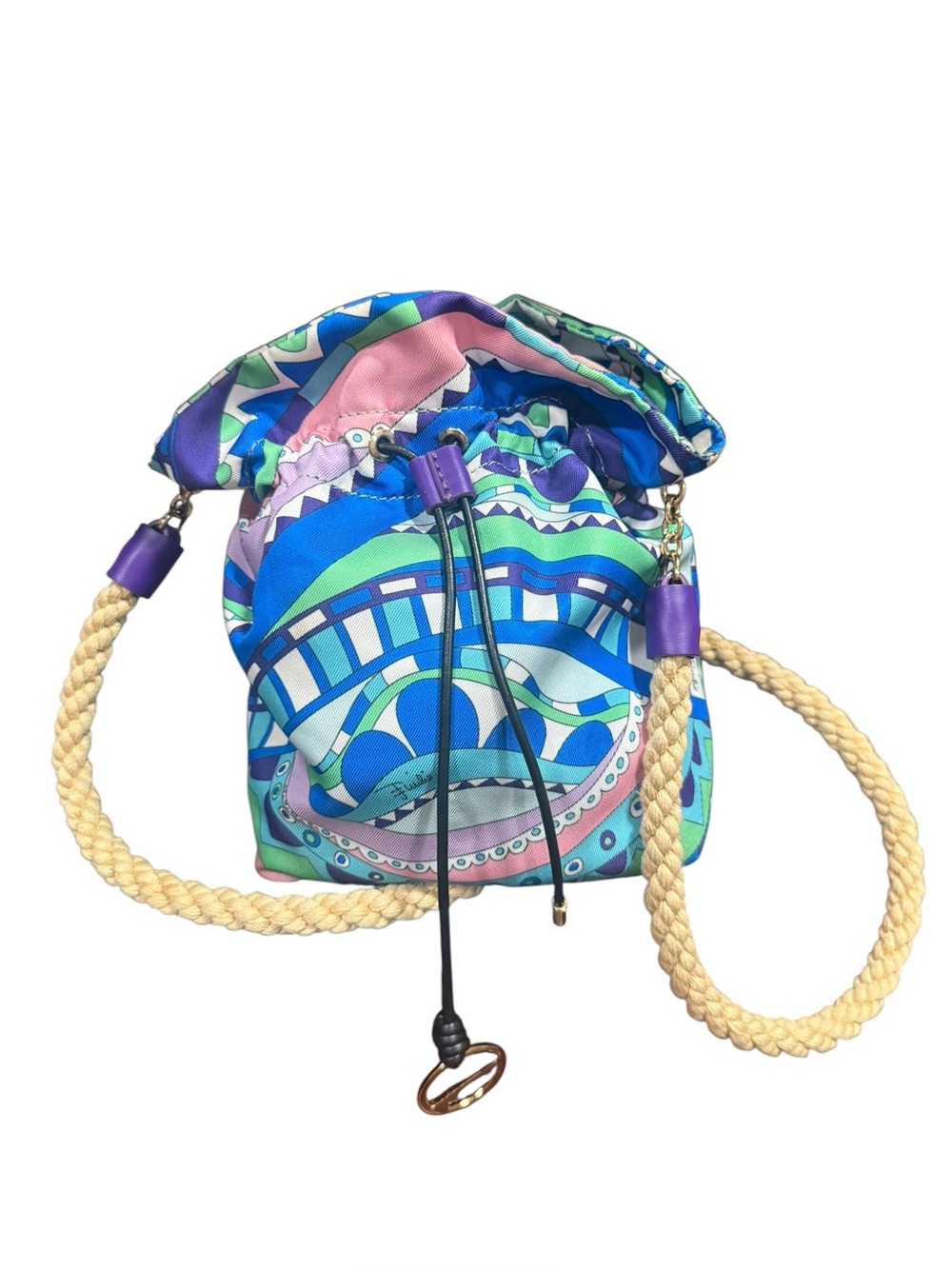 Emilio Pucci Silk Print Drawstring Bucket Bag Rope Handle Made in Italy
